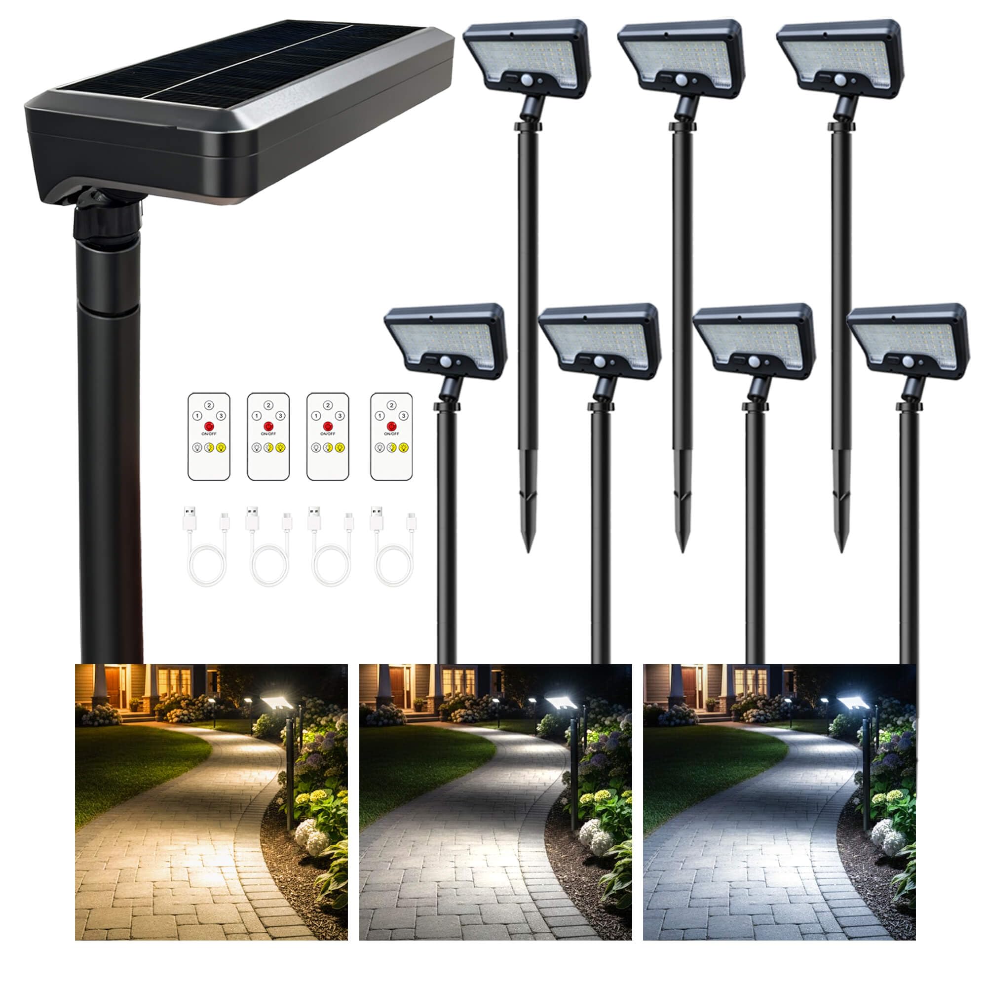 Solar Motion Sensor Lights Outdoor Pathway Warm Daylight 3000k 5000k 7000k Path Light IP65 Waterproof 3 Modes Black