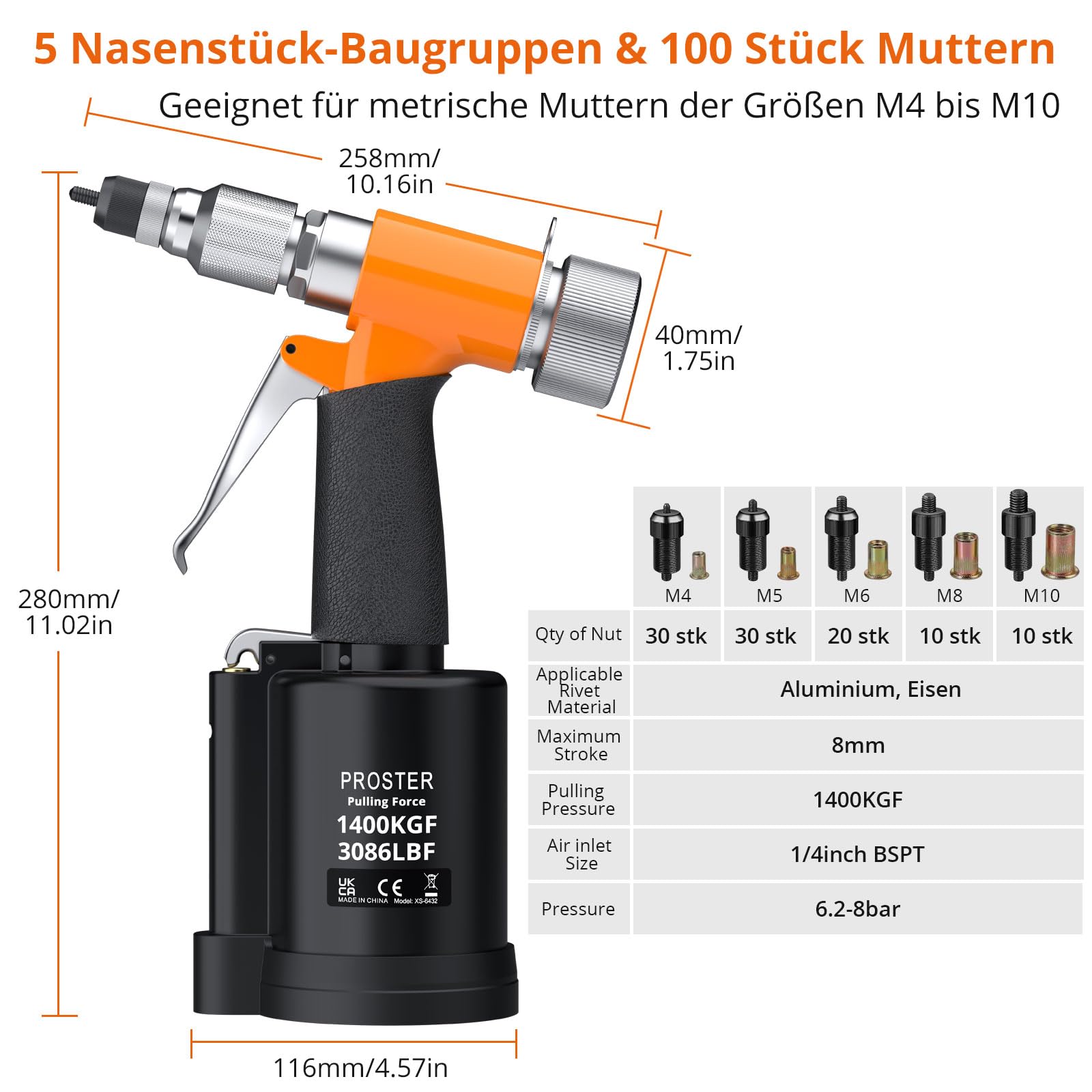 Proster Druckluft Nietmutternzange Set Nietmutterpistole, 100PCS Nietmutter Set, 5 Stück Metrische Mandrels (M4-M10), Luftdruckhydraulisches Werkzeug für Automobil, Industrie, Heimwerkerprojekte