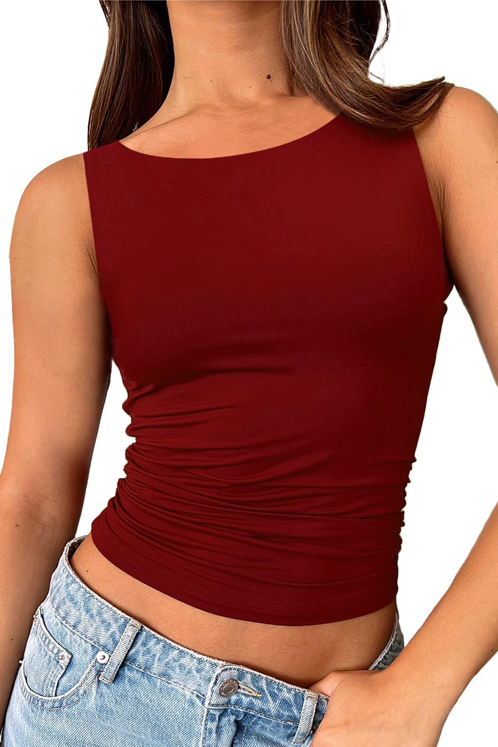 ForeFair Boat Neck Tank Tops for Women - Double Lined Going Out Top Basic Summer Cute Ruched