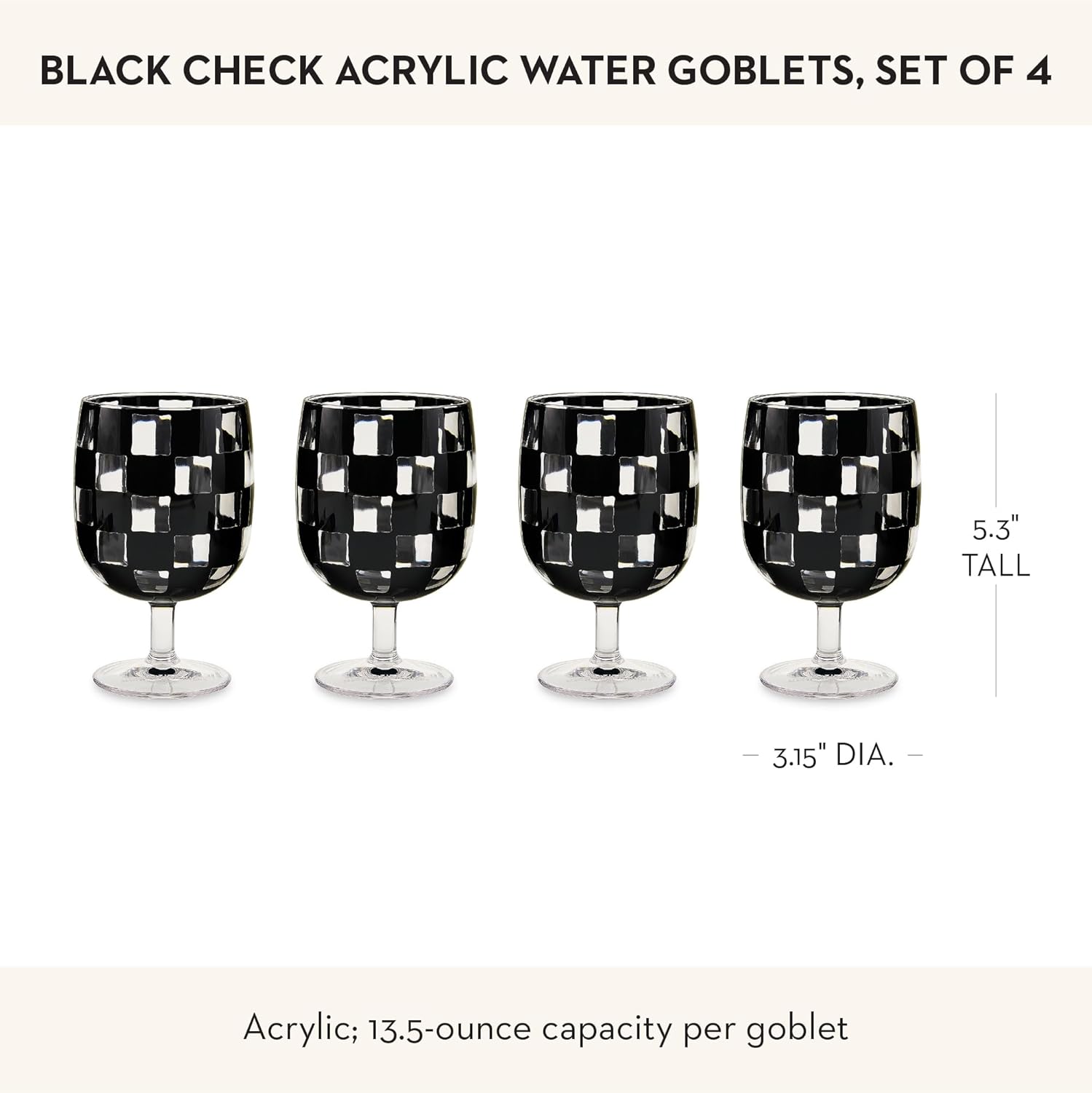 MACKENZIE-CHILDS Set of 4 Acrylic Water Goblets, Stemmed Water Glasses, 13.5 Ounces, Black Check