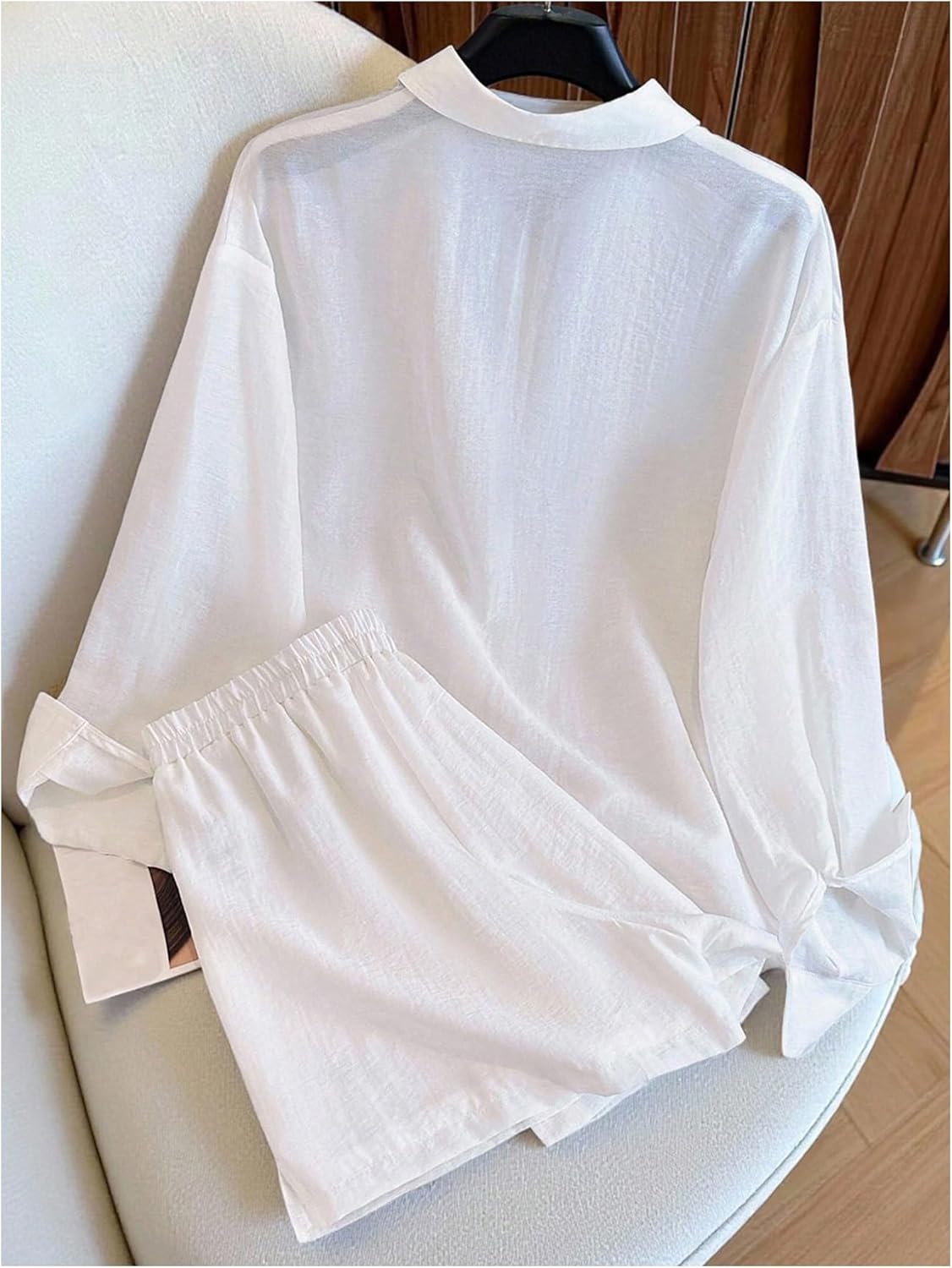 SweatyRocks Women's 2 Piece Outfits Button Down Shirts Lounge Linen Sets and Mini Shorts Pajama Gauze Set Beachwear