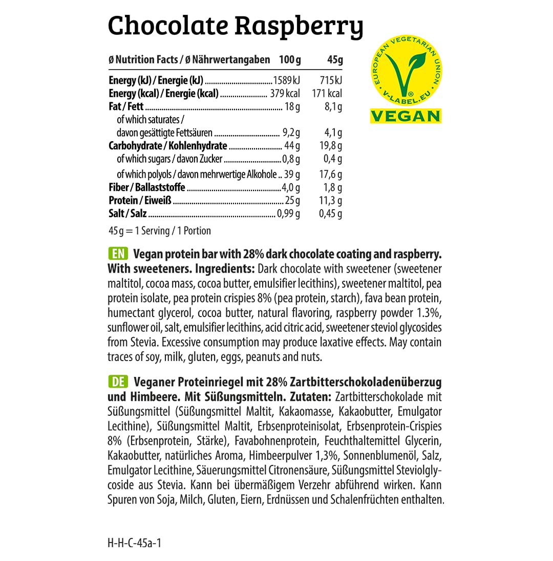 HEJ Vegan Crispy Chocolate Raspberry | High Protein Riegel, zuckerarm nur 0,4 g Zucker | schokoladiger, knuspriger Eiweißriegel, palmölfrei, Low Sugar Snack Bar | 12 Proteinriegel x 45 g