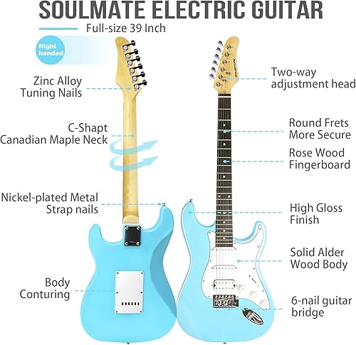 Miniatura 3 de Soulmate Kit de guitarra eléctrica de tamaño completo de 39 pulgadas para principiantes, guitarra eléctrica HSS de cuerpo sólido con amplificador,