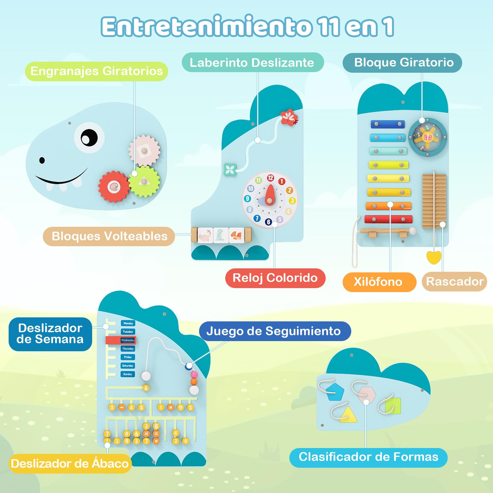 GOPLUS Paneles de Actividades para Pared de Dinosaurios, Centro de Actividades Educativas 11 en 1 para la Educación Temprana, Juguetes Sensoriales Montessori de Madera para Sala de Juegos (Azul)