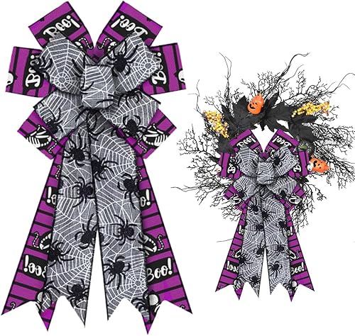 Miniatura 9 de Arco de corona de araña púrpura de arpillera para decoración de Halloween, lazos naranjas para puerta delantera, interiores y exteriores,