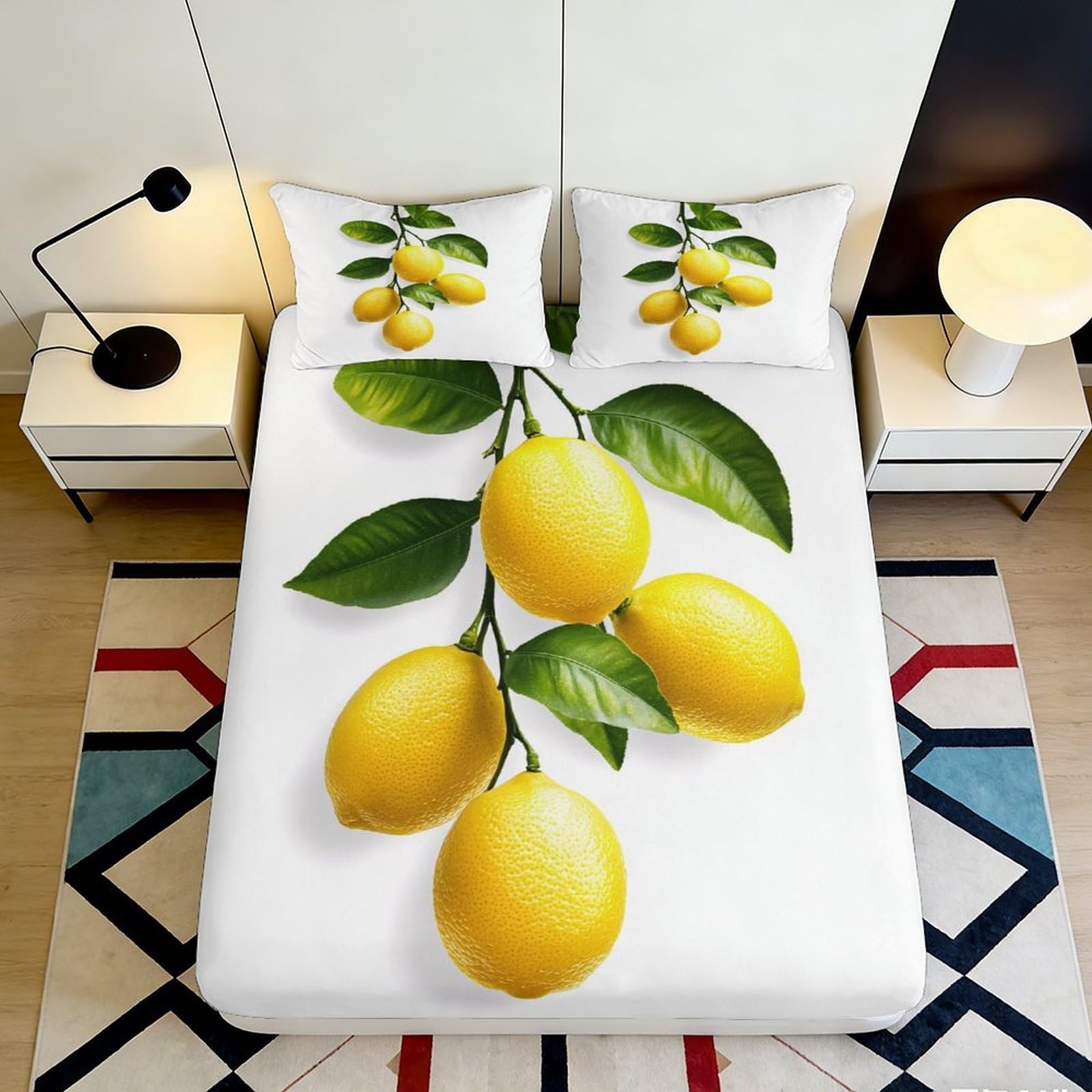 3D Printed Lemon Fruit Fitted Sheet Microfiber Soft Breathable Botanical Leaves Bed Cover for Bedroom Guest Room Decor 90x200x25cm