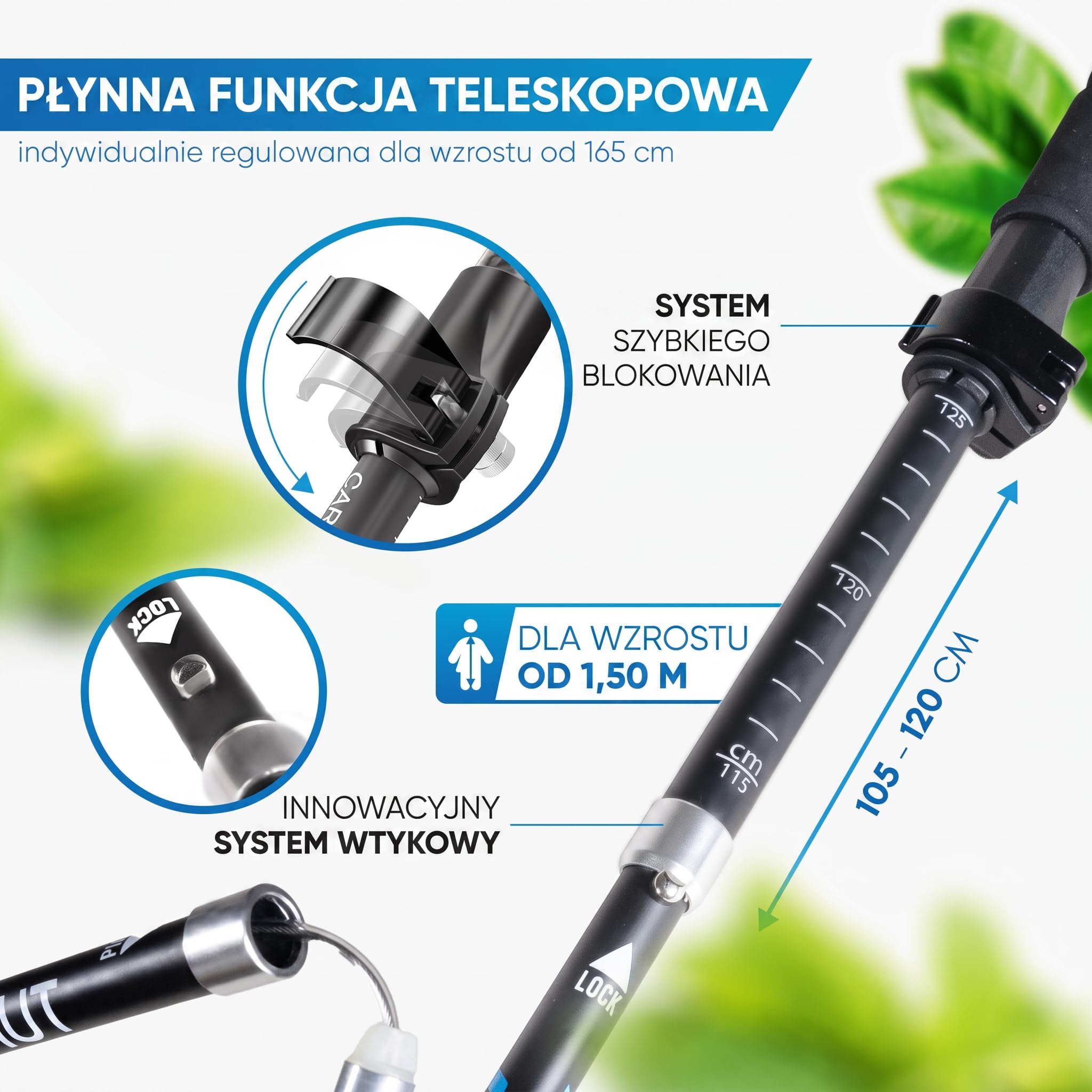 NORDMUT Kijki trekkingowe składane, ultralekkie kijki do nordic walkingu, dla kobiet i mężczyzn, wysokiej jakości kijki trekkingowe z włókna węglowego [z zestawem gumowych zderzaków]