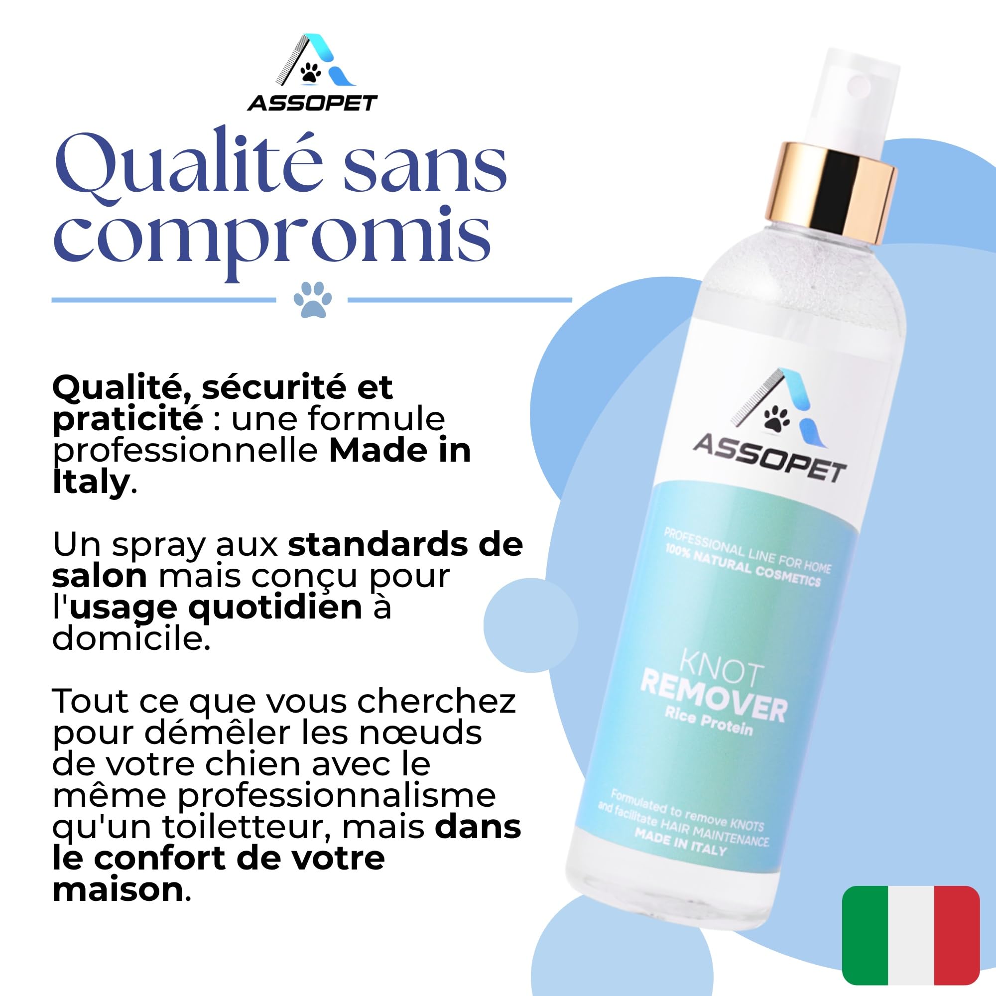 Spray Démêlant Chien 250ml - ASSOPET - Démêlant Poils Chien sans Rinçage, avec Phytokératine et Protéines de Riz - Brillance et Coiffage Immédiat - Non Gras, Usage Quotidien, Made in Italy