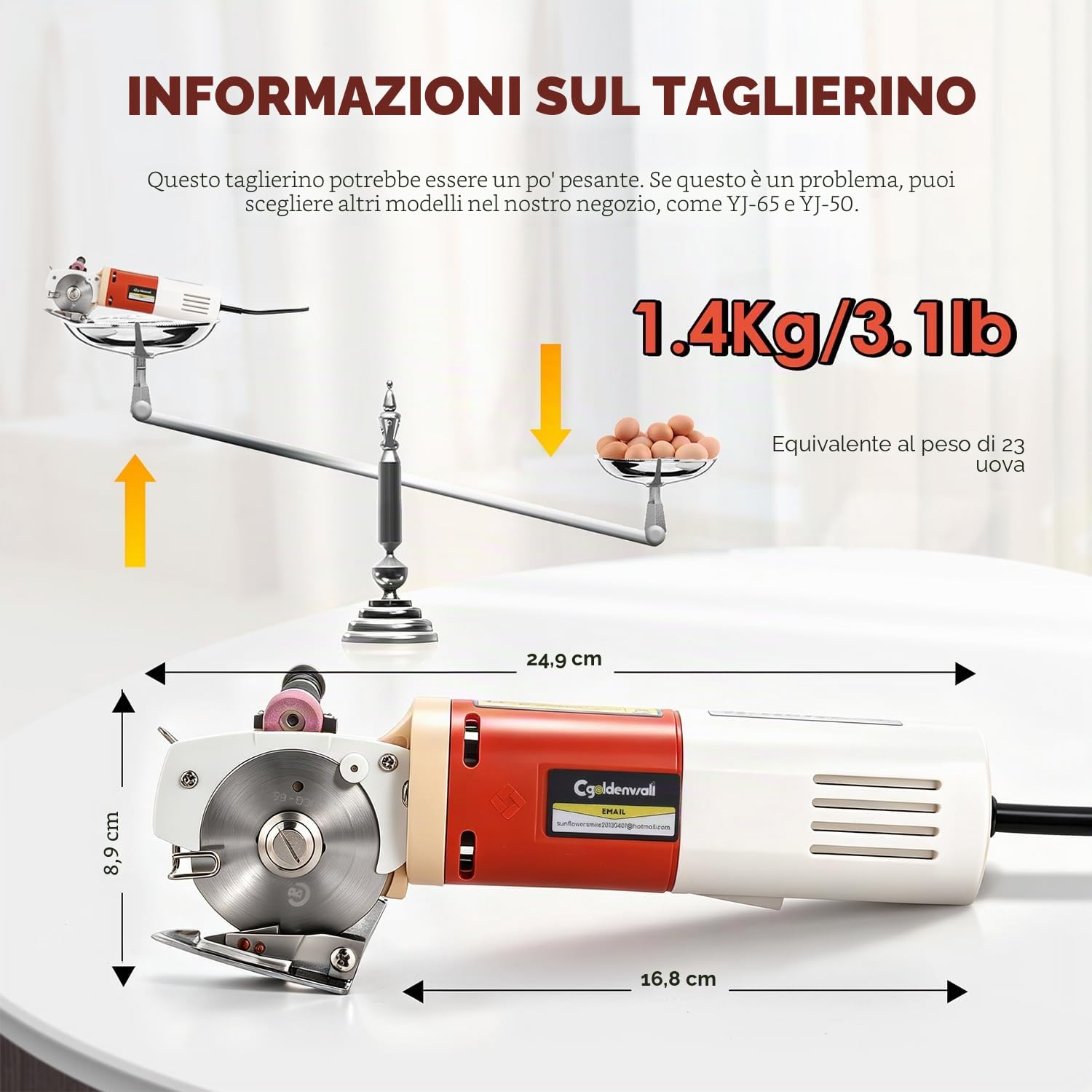 CGOLDENWALL Forbici Elettriche per Tessuti 170W con Rotella di Affilatura Automatica, 1 Lama di Ricambio da 22mm (0,87 pollici) max. Taglio per Pelle, Cartone, Moquette YJ-65