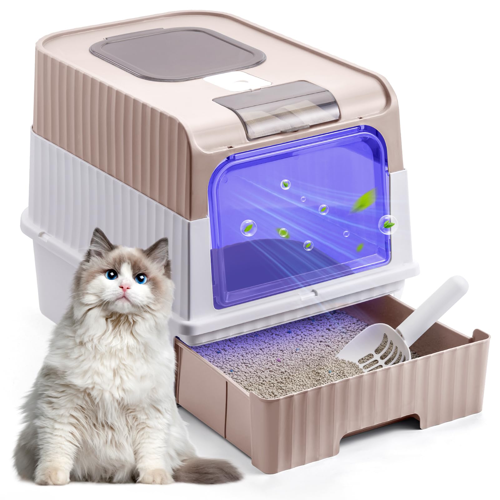 The Fellie Cat Litter Tray with UV Sterilization Function, Large Cat Litter Box with Lid & Open High Sided Cat Litter Tray 2 in 1, Foldable Litter Box with Scoop, Odor Control Easy Clean, Pink