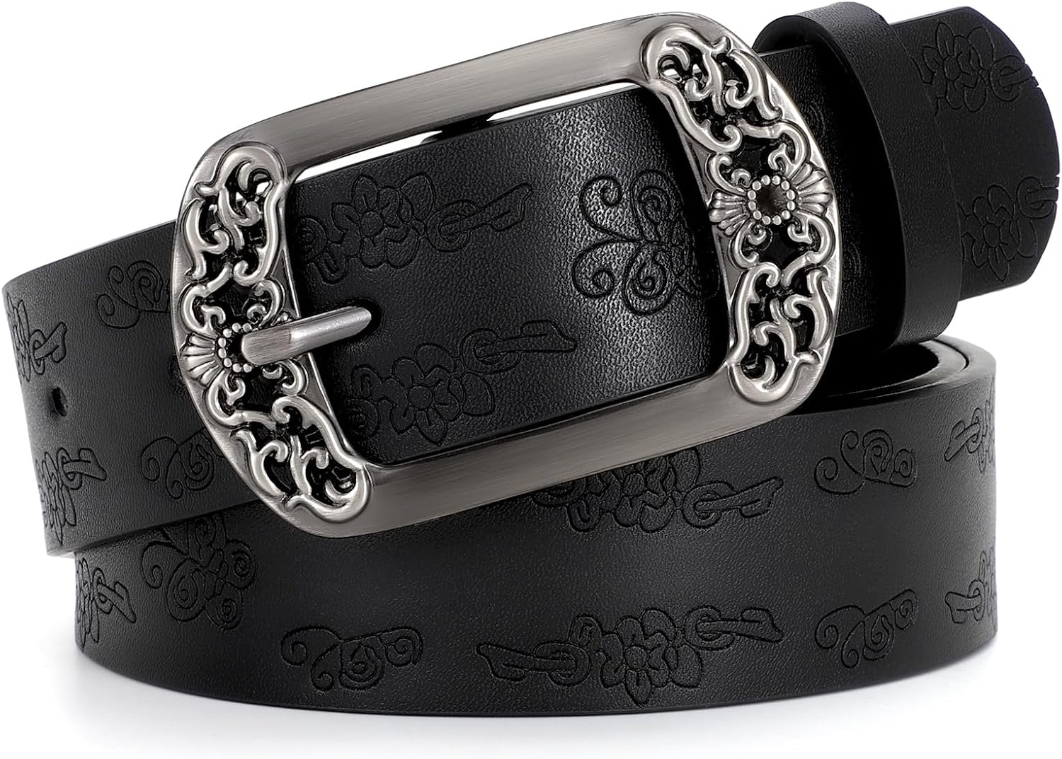 WOWOGO Vintage Flower Womens Leather Belt for Jeans Dress Fashion Waist Belt Ladies Belts with Black Buckle