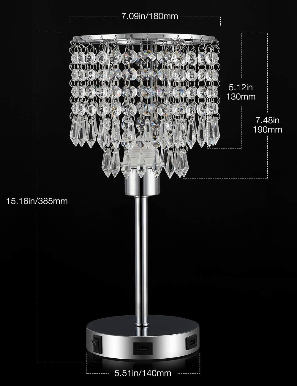 Acaxin Silver Crystal Bedside Table Lamp with Dual USB Charging Port, Nightstand Lamp with Elegant Shade, Decorative Desk Lamp for Bedrooms/Living Room/Dining Room/Kitchen (Without Bulb)
