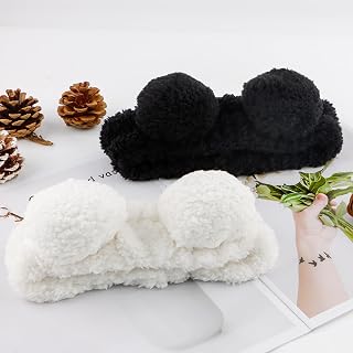 2 PCS Bear Ears Spa Headband No Slip Head Band for Face Wash Makeup Skincare Facial Headband Elastic Hair Band Carol Fleece Headbands for Women Girls (White Black)