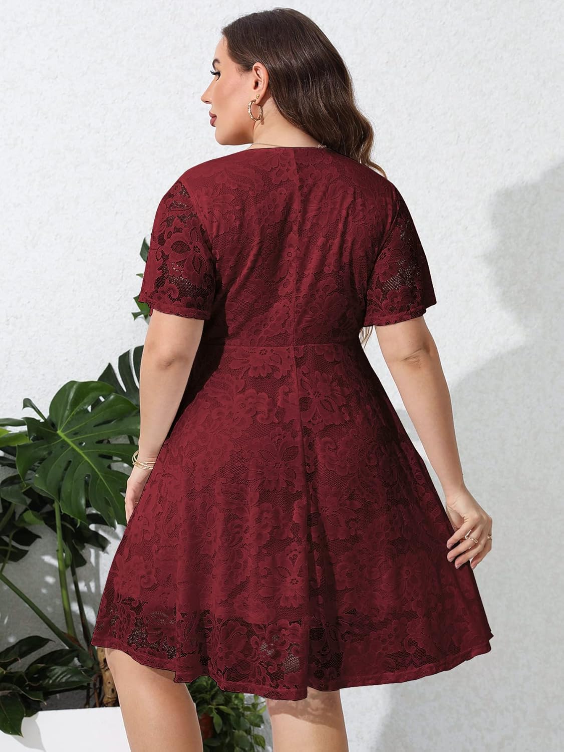 SCOMCHIC Women Plus Size Lace Cocktail Dresses Faux Wrap V Neck Short Sleeve Flowy A Line Wedding Guest Midi Dress - Image 3