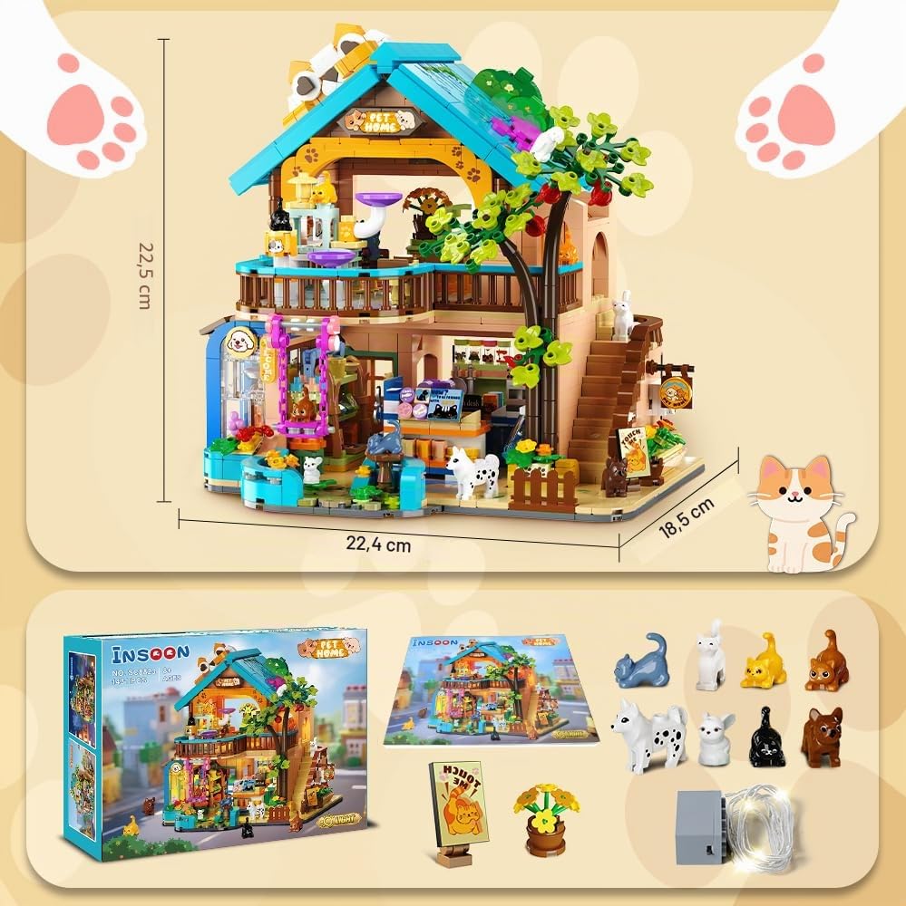 INSOON Animalerie de Ville avec Lumière pour Adultes et Enfants dès 8 Ans | Animalerie avec chats, chiens et lapins, bâtiment urbain à construire, modèle décoratif et cadeau pour enfants, 1431 pièces
