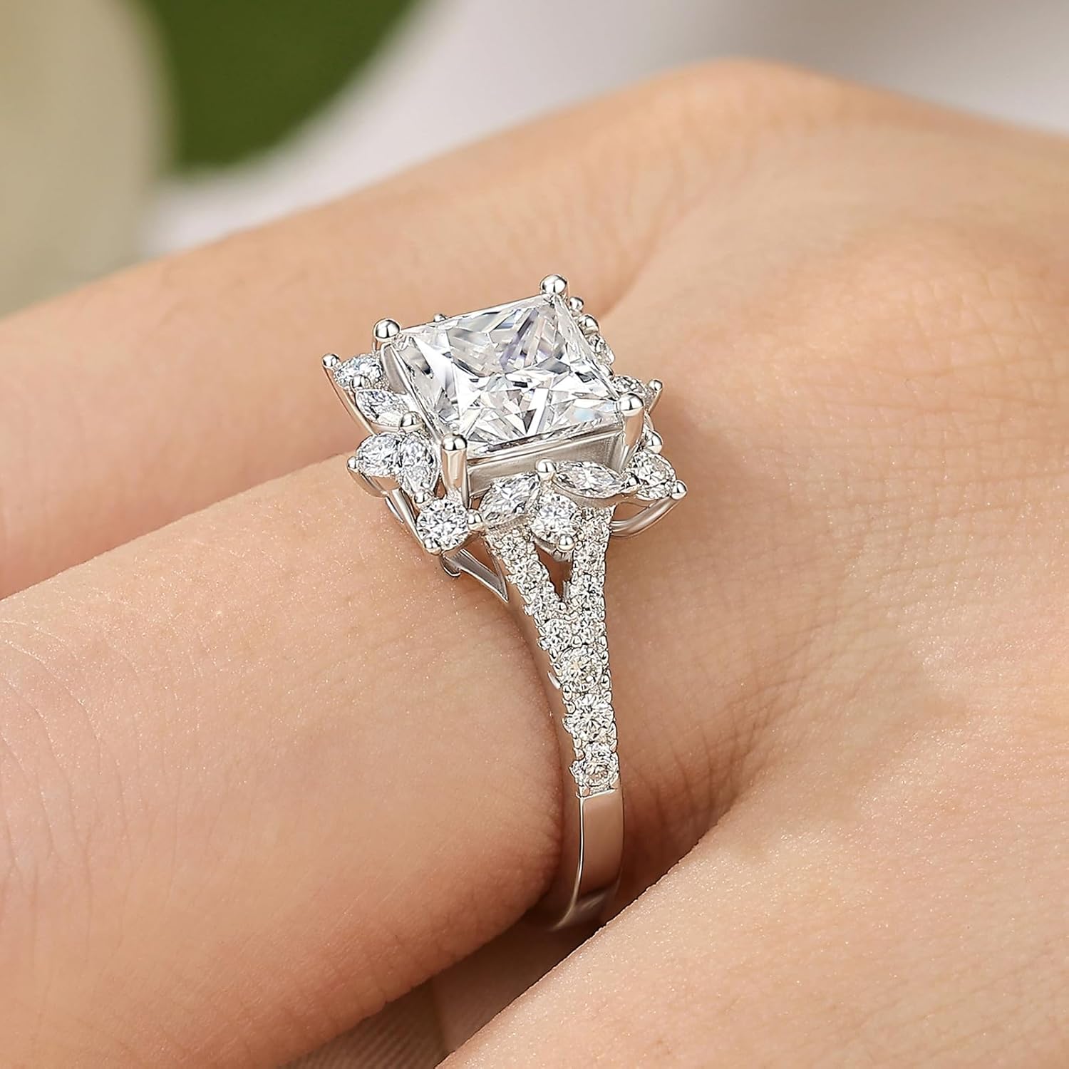 Moissanite Princess Halo Engagement Rings for Women Vintage Wedding Ring 925 Sterling Silver Sz 5-10 - Image 3