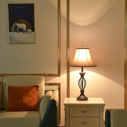 Miniatura 5 de Juego de 3 lámparas (2 lámparas de mesa, 1 lámpara de pie), juego de 3 lámparas de sala de estar, juego de lámparas de pie y mesa en acabado bronce