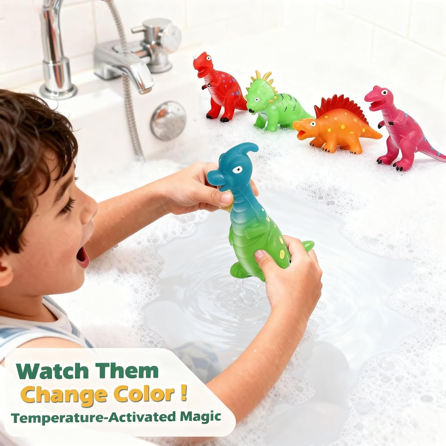 Color Changing Dinosaur Bath Toys: No Hole Mold Free Bath Toys for Kids Ages 3-5 & 4-8 | Magic Water Activated Bathtub Dino Play Set for Toddler Boys Girls