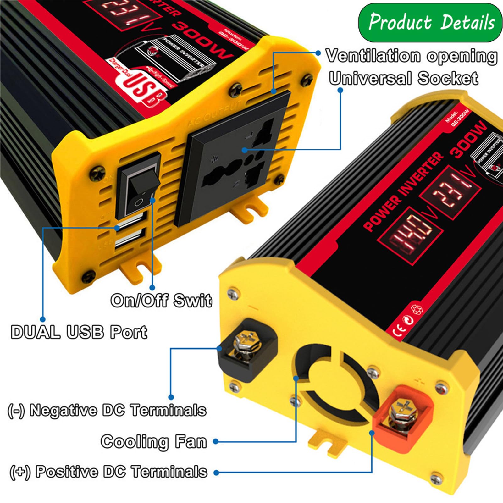 Inversor Solar híbrido para Coche, Fuera de la Red, de 12 V a 220 V/110 V, 300 W, para Coche, con conversión de Onda modificada de Alta frecuencia,Black-300W