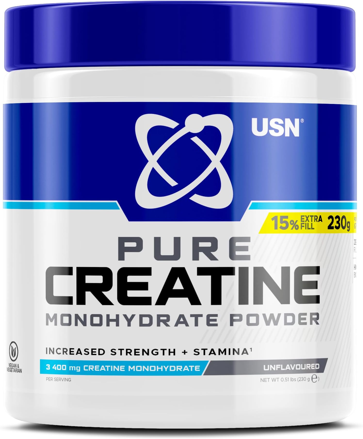 USNMicronised Creatine Powder 230g (67 Servings): 100% Pure Creatine Monohydrate Powder for Performance and Muscle Recovery, Suitable for Vegans - Unflavoured