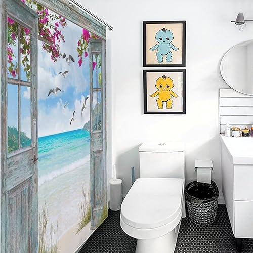 Miniatura 4 de Ocean Beach Shower Curtains,Farmhouse Scenery Sea Wave Retro Wood Rustic Nature Landscape Bathroom Decor Polyester Fabric Waterproof Bathroom