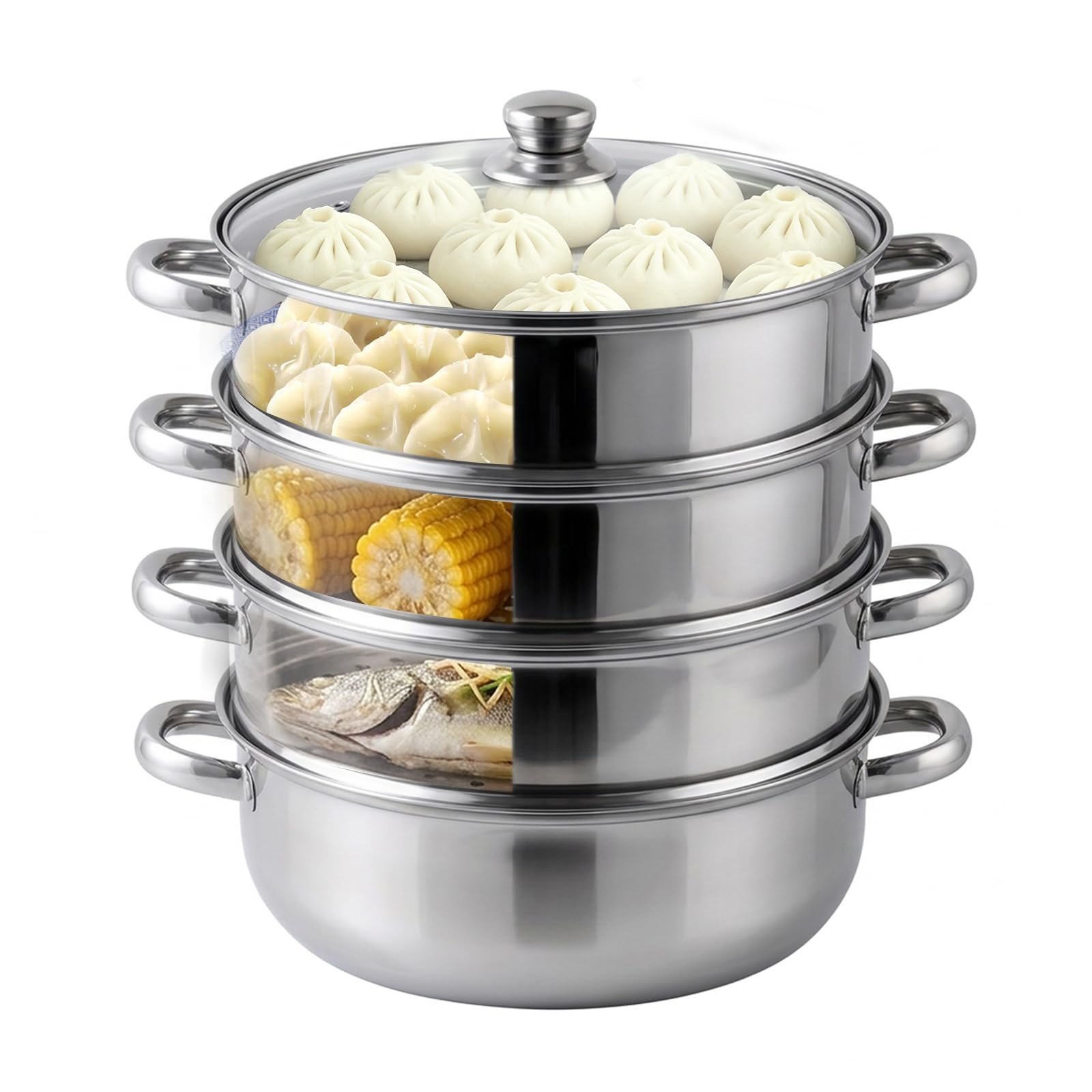 Dampfgarer 28 cm aus Edelstahl, 3- & 4-stöckiger Dampfgarer Topf mit Glasdeckel, Stapelbarer Dampfkochtopf für Gemüse, Fisch, Pasta & Suppen, für Induktion & Gas (4-Etagen)