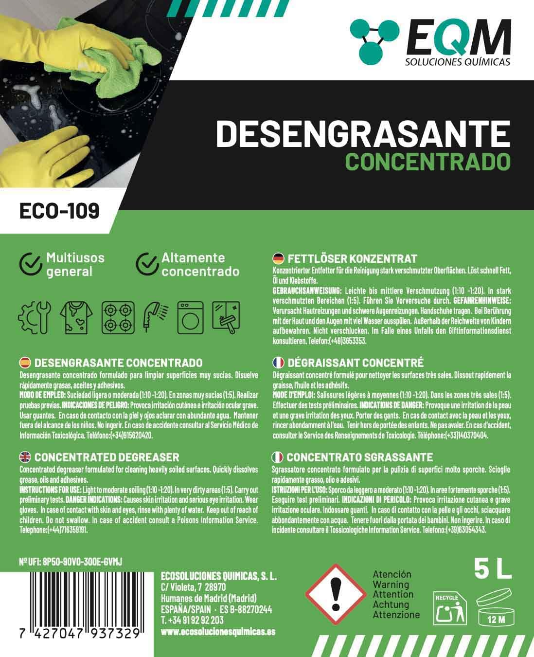 EQM ECO-109 Desengrasante Concentrado 5L Quitagrasas Alta Eficacia