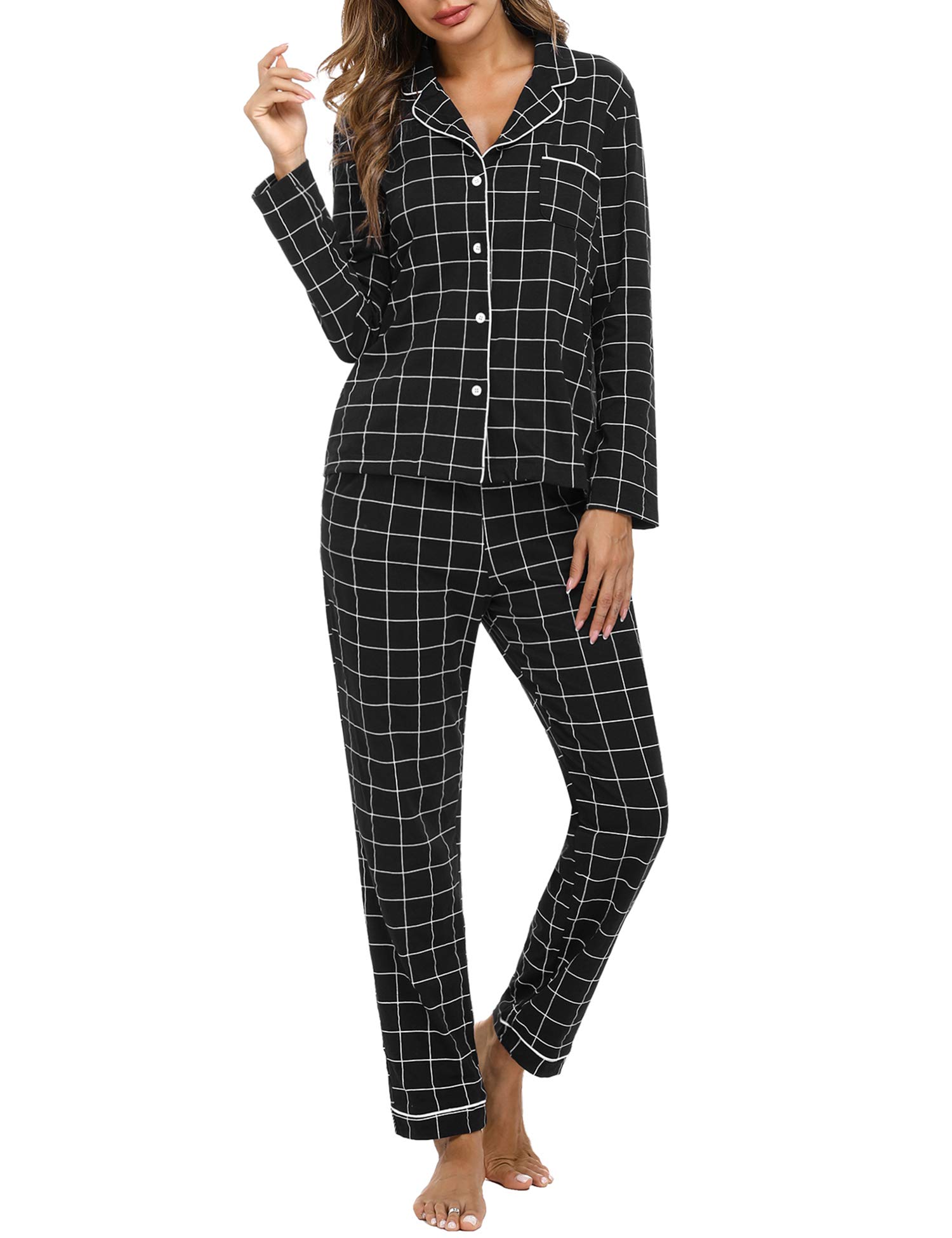 Women's chequered two-piece pyjamas, long sleeve sleepwear, button placket, sleepwear, autumn and winter