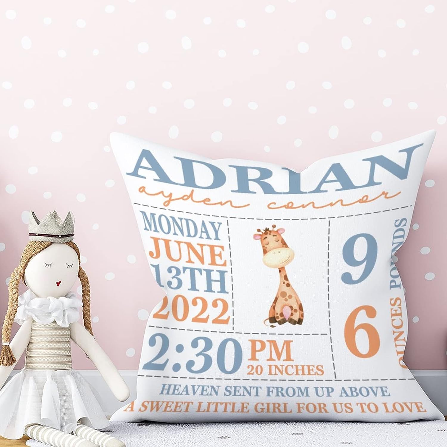 SILYHEART New Baby Gift, Personalised Baby Birth Stats Pillow Cover, Nursery Pillow Case, Birth Announcement, Baby Keepsake 20x20in
