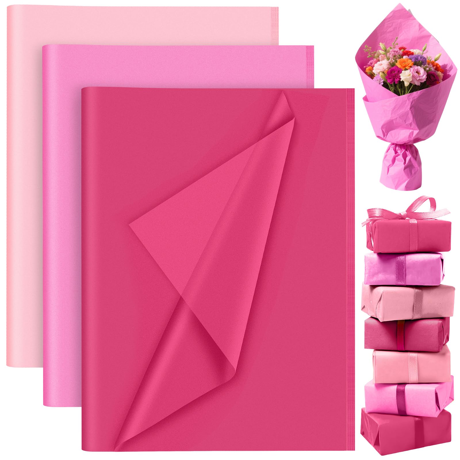 PLULON 60 Sheets Baby Shower Decorations Pink Tissue Paper, Coloured Gift Wrapping Tisse Paper Sheets for Packaging DIY Gift Wrap Birthday Wedding Baby Shower Decorations Girls（Pink）