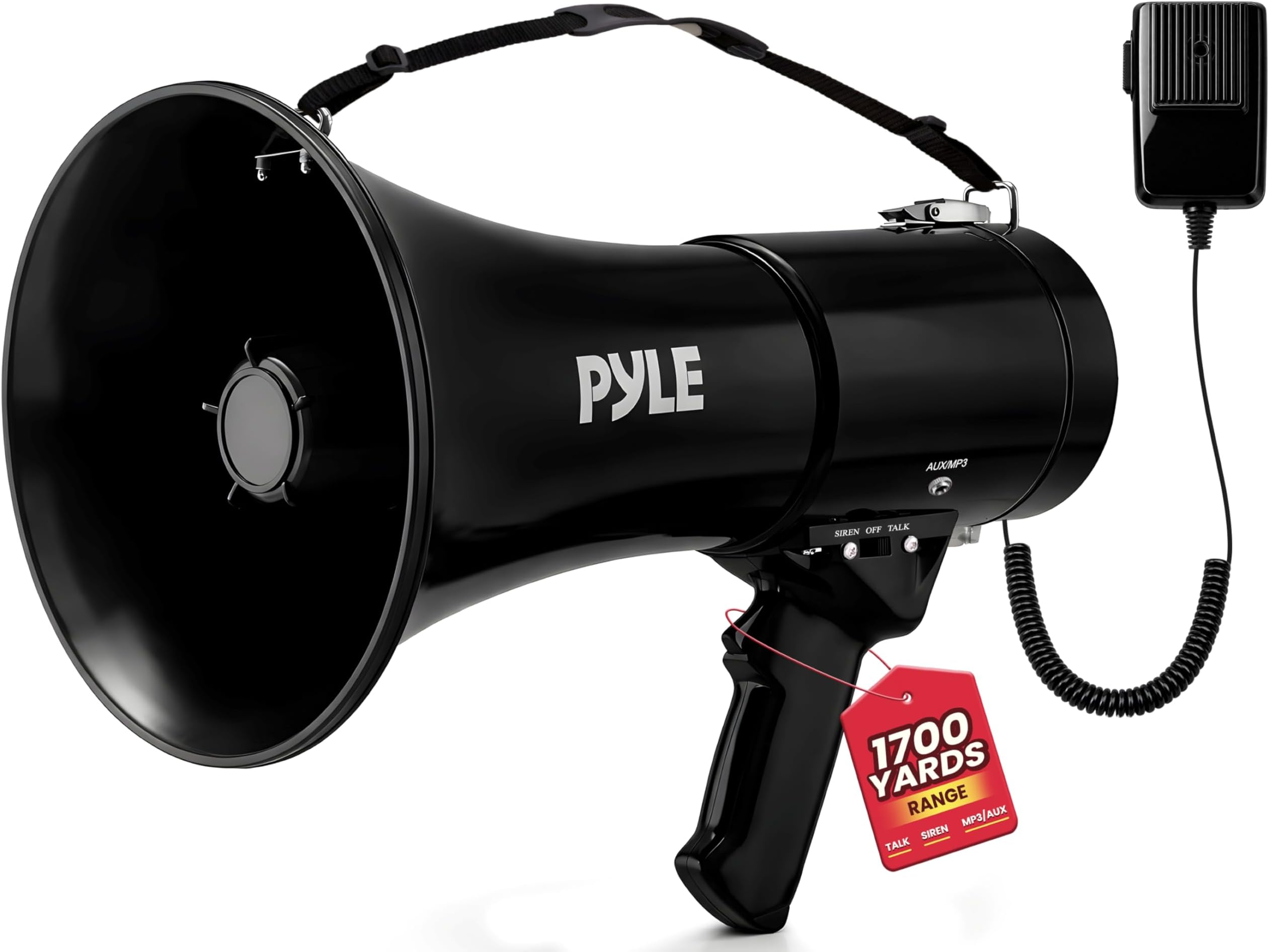 Megaphone Speaker PA Bullhorn with Built-in Siren 50 Watts & Adjustable Volume Ideal for Football, Baseball, Hockey, Cheerleading Fans & Coaches or for Safety Drills - PMP53IN, Black