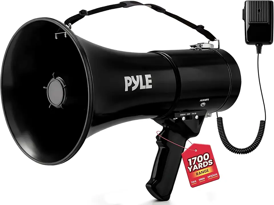 PYLE - Alto-falante megafone PRO 50W PA Bullhorn, entrada auxiliar preta, volume ajustável, sirene, entrada auxiliar de 35 mm, ideal para eventos esportivos e exercícios de emergência - PMP53IN