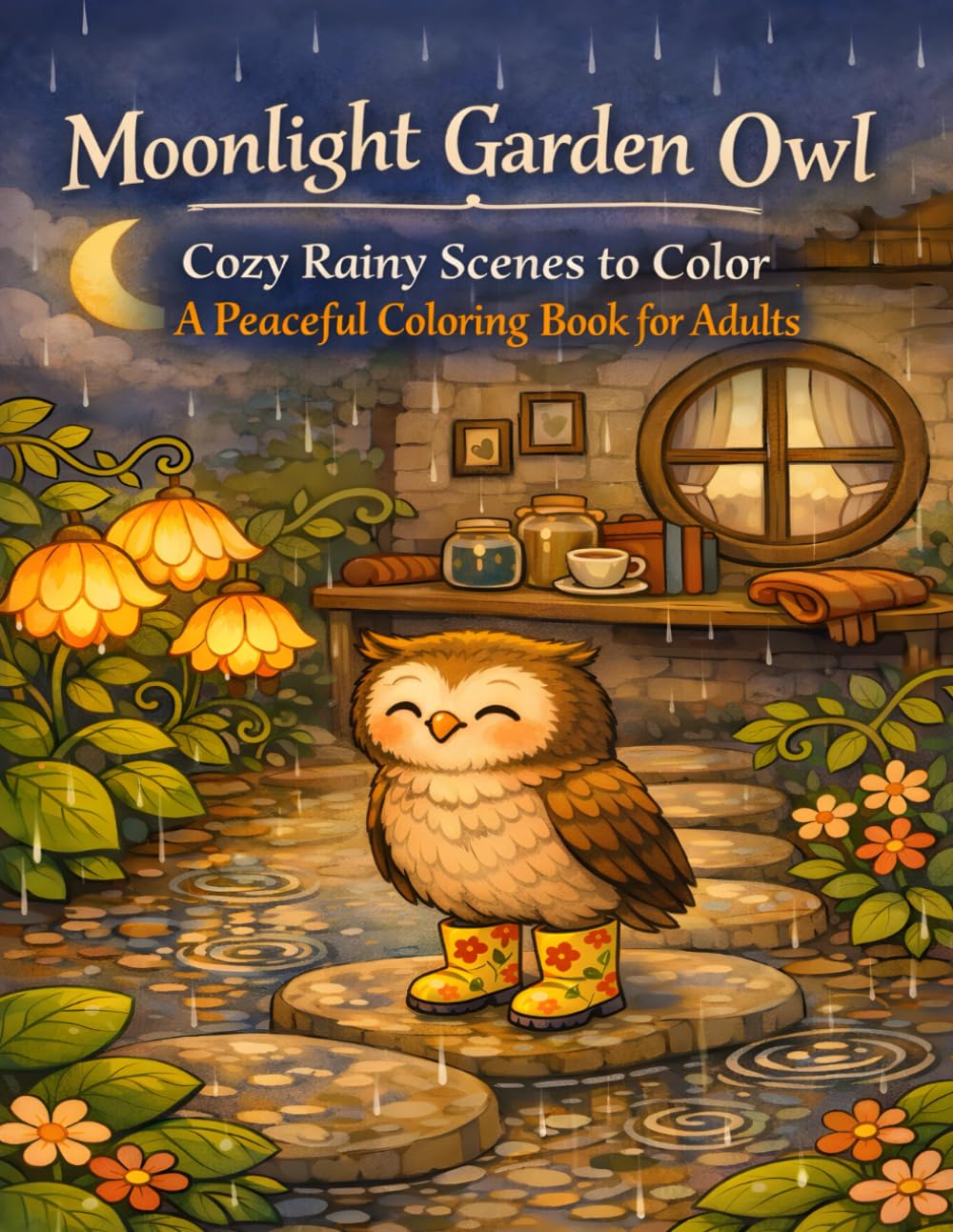 Moonlight Garden Owl: Cozy Rainy Scenes to Color - A Peaceful Coloring Book for Adults (The Rainy Day Friends Collection)