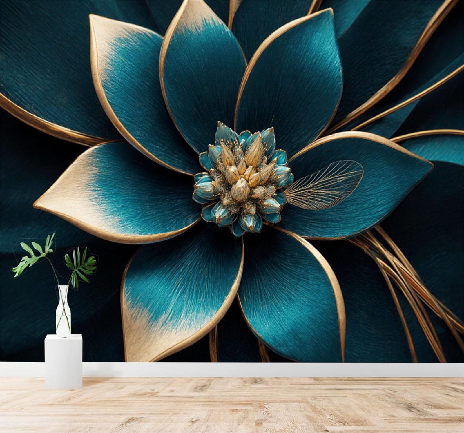 XLMING Elegant Three Dimensional Blue and Gold Flowers Petal Texture 3D Wallpaper Premium Textured Silk Study Dining Living Room Bedroom Sofa TV Wall Easy Install-300cm×210cm