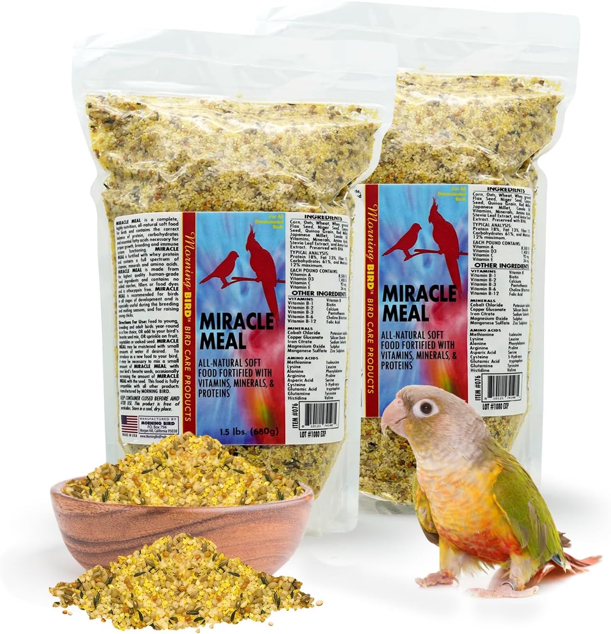 Morning Bird Miracle Meal 3 lbs (2-Pack, 1.5 lbs Each) – Vitamin Fortified Soft Bird Food for Birds - All-Natural No Artificial Dyes, Flavors or preservatives - Supports Feather Strength & Breeding