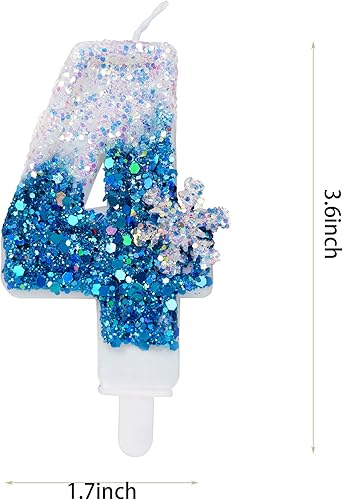 Miniatura 2 de Velas de cumpleaños azules 4, velas de cumpleaños número 4 con purpurina azul y blanca con suministros de fiesta de copo de nieve