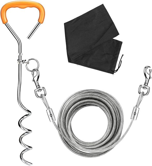 Yideng 32.8ft(10m) Dog Tie Out Cable with 17.7 inches(45cm) Heavy Duty Spiral Ground Stake Spike, Extra Long Steel Dog Outdoor Tie Out Lead Leash for Dog Up to 130 lbs, with Carry Bag