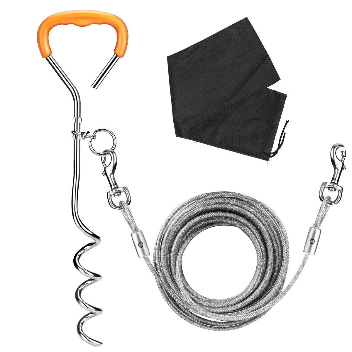 Yideng 32.8ft(10m) Dog Tie Out Cable with 17.7 inches(45cm) Heavy Duty Spiral Ground Stake Spike, Extra Long Steel Dog Outdoor Tie Out Lead Leash for Dog Up to 130 lbs, with Carry Bag