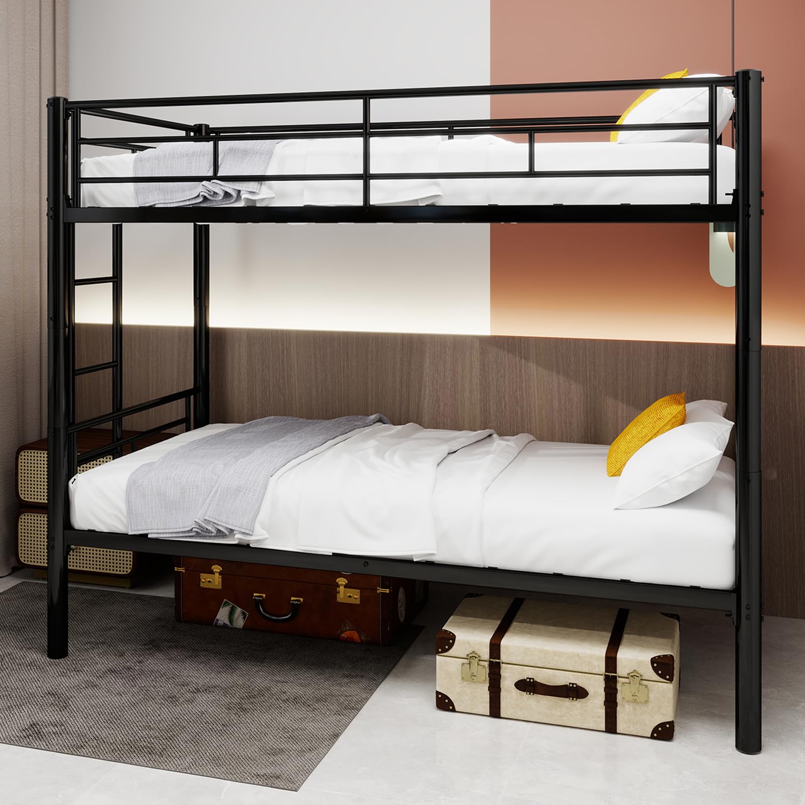 Kinder Hochbett, Metall Etagenbett, Heavy Duty Metallbett Rahmen, etagenbett Twin Over Full mit Leiter & Full-Länge Geländer für Jugendliche Erwachsene, Lärm frei (Schwarz A, 90x190CM)