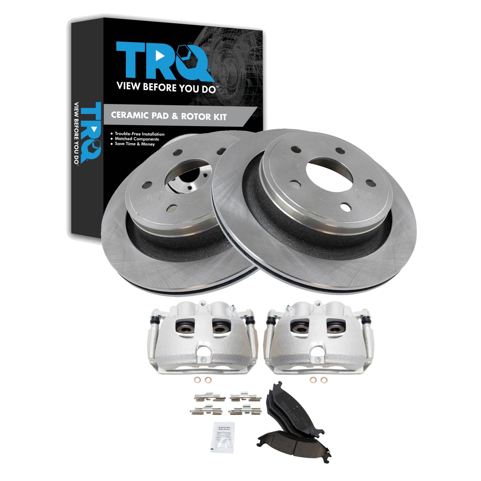 TRQ Rear Brake Pad, Caliper, &amp; Rotor Kit Ceramic Vented Compatible with 2012 Ram 1500