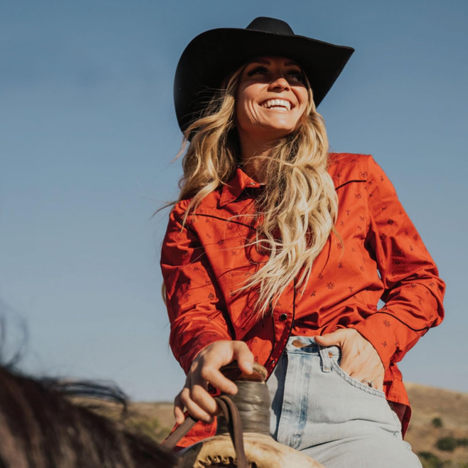 Outback Trading Company Women's Cattle Brand Shirt | 100% Cotton Long Sleeve Western Shirt | Pearl Snaps & Cattle Brand Print - Image 4