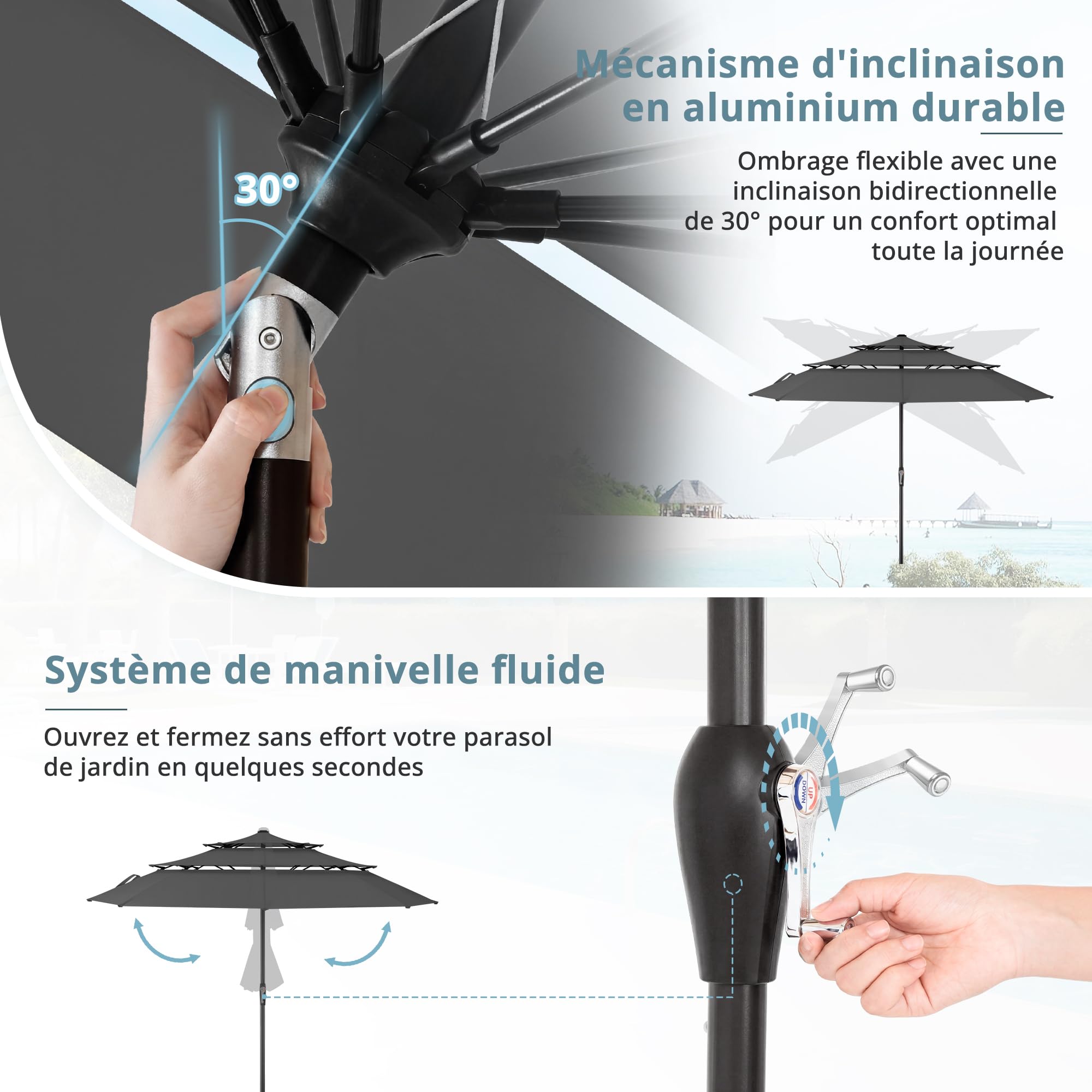 LUE BONA 3 Niveaux Parasol de Jardin 300cm-Parasol Inclinable 8 Baleines en Fibre de Verre,Protection UV 50+ pour Jardin Terrasse Patio Piscine Plage Balcon,Gris Anthracite