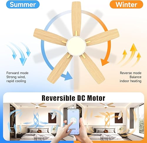 Miniatura 4 de Roomratv Ventiladores de techo con luces, ultra silenciosos ventiladores de techo inteligentes de 52 pulgadas con luz LED regulable compatibles con
