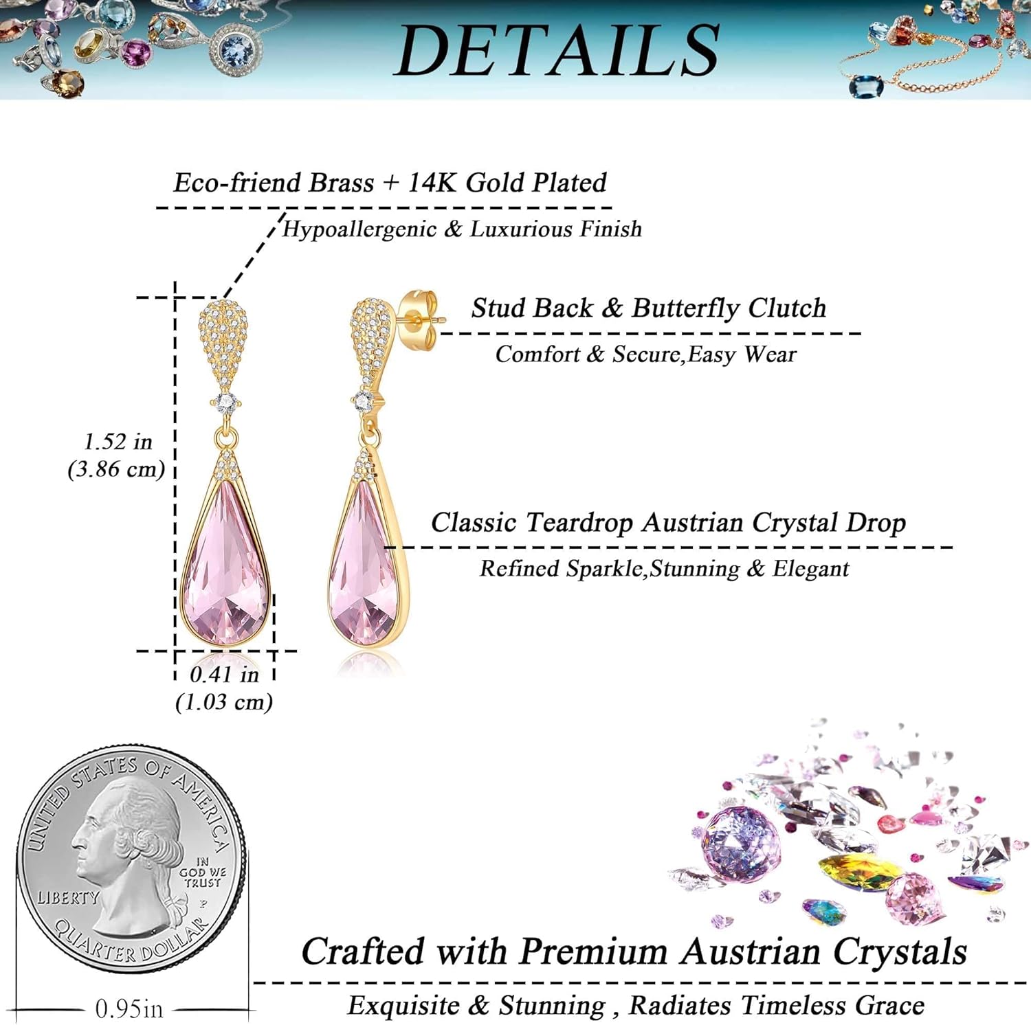 Austrian Crystal Teardrop Dangle Drop Earrings for Women 14K Gold Plated Hypoallergenic Jewelry Gift - Image 4