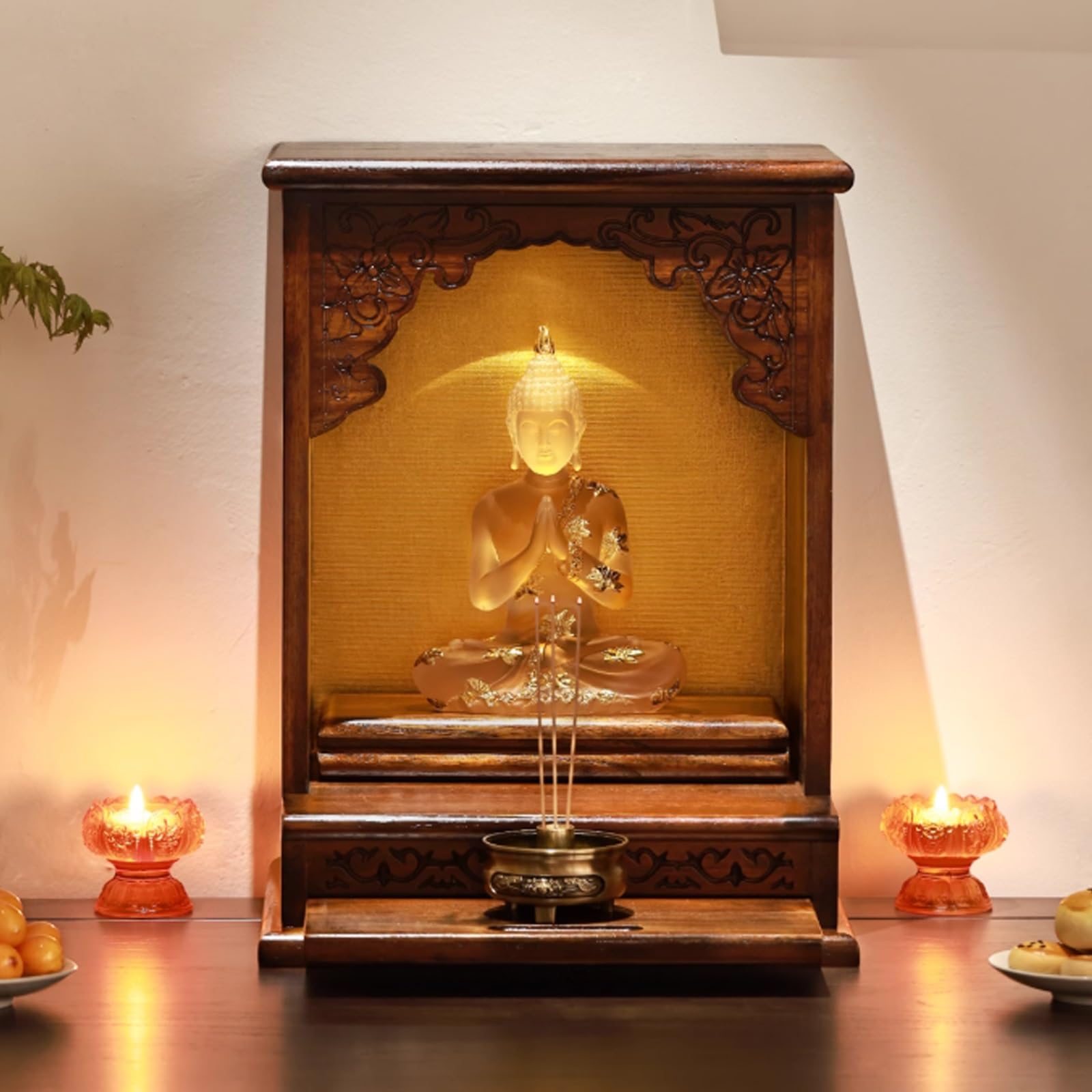 JNTFNE Wall-Mounted Buddha Statue Stand with Night Light Household Small Buddhist Shrine Altar Table Teak Prayer Offering Retractable Pull Plate Shelf(Desktop Type)