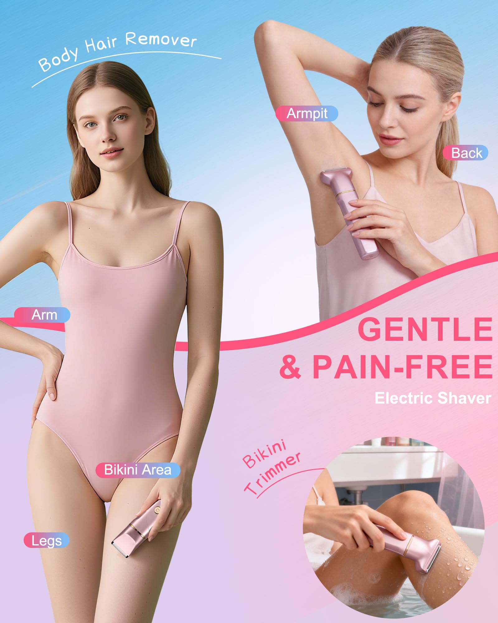 Rasoio da donna, 3 in 1, rasoio intimo da donna, depilatore per il viso da donna, rasoio elettrico da donna, per gambe, braccia e zona bikini, ricaricabile IPx7, impermeabile, trimmer da donna, oro