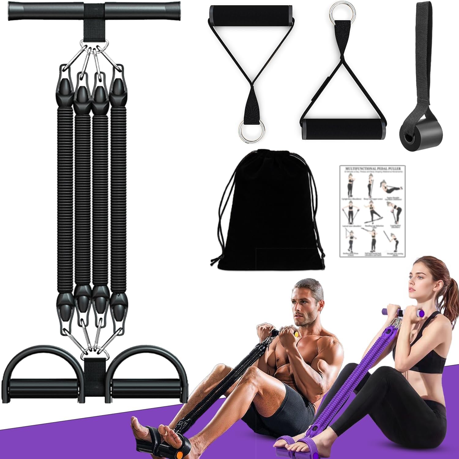 HELISAN 2026 Upgraded Multifunction Pedal Resistance Band with Handle, 4 Tube Adjustable Resistance Bands for Abdomen, Arm, Core/ABS, Leg Workout - Sit Up Exercise Equipment for Men Women - Black