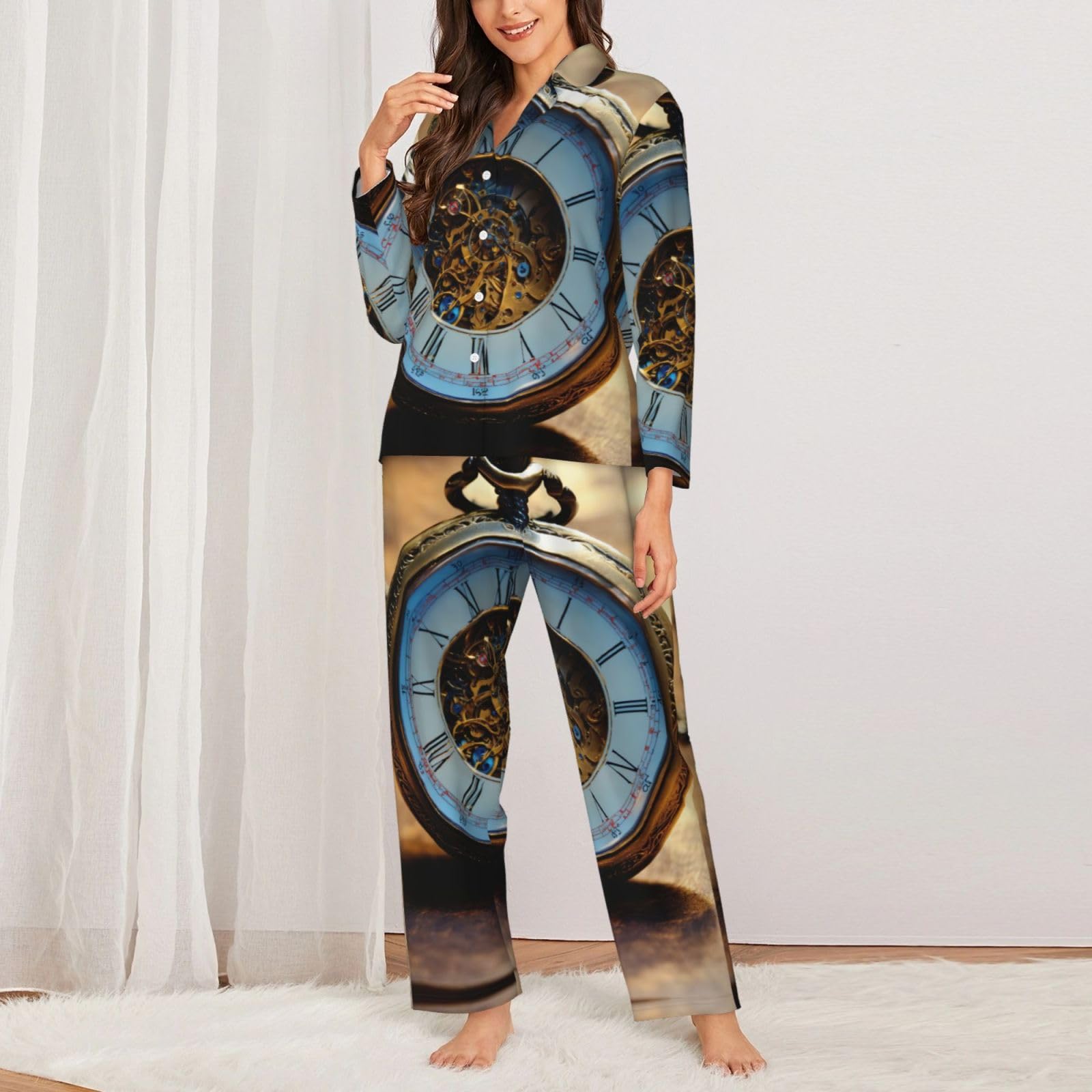 Gears Clock Bronze Century Pigiama Set Donna Morbido Due Pezzi Pj'S Set Top Manica Lunga Pantaloni Plaid Pantaloni Sleepwear Tasche
