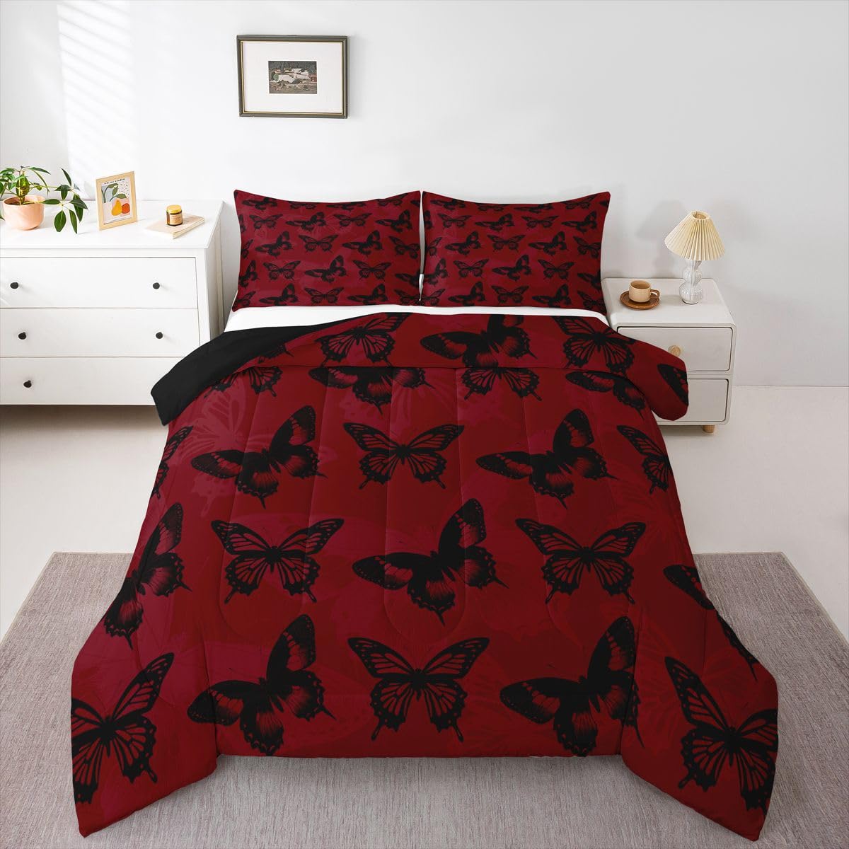 Castle Fairy Butterfly Bedding Sets Full Size,Exotic Butterflies Silhouette Animal Reversible Down Comforter Breathable Polyester Quilt Set,Gothic Style Red Black Duvet Insert,2 Pillowcases