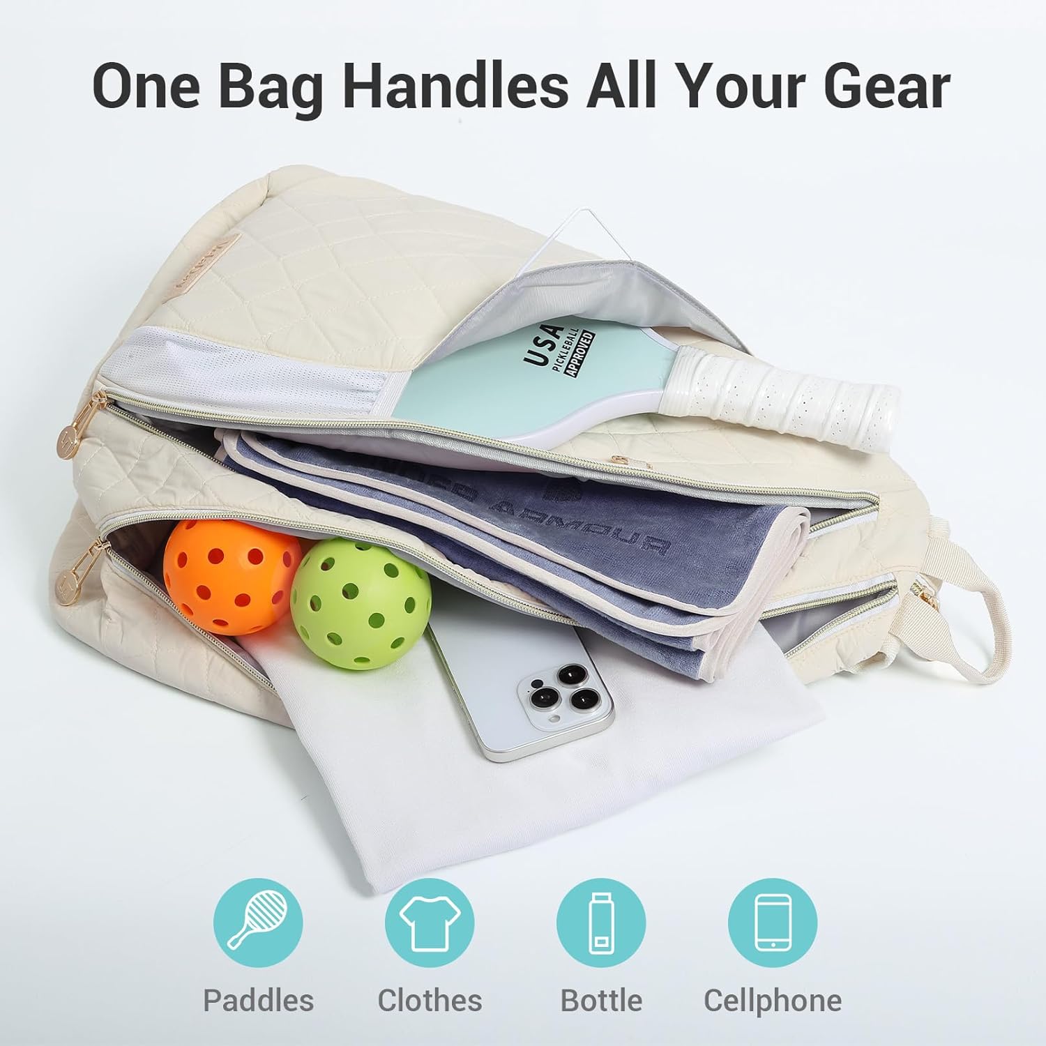 Pickleball Bag for Women Chic Quilted Sling Bag, Fits 2 Paddles, Lightweight Weatherpoorf for Court & Daily Use, Beige